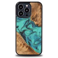 Pouzdro ze dřeva a pryskyřice pro iPhone 13 Pro Bewood Unique Turquoise - tyrkysové a černé 5907511778990